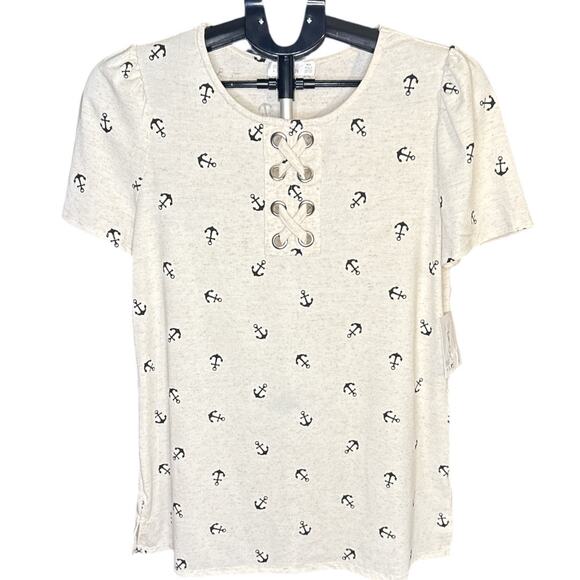 89th + Madison Nautical Lace-Up Anchor Print‎ Tee Short Sleeve Top Size M NWT - Picture 1 of 8